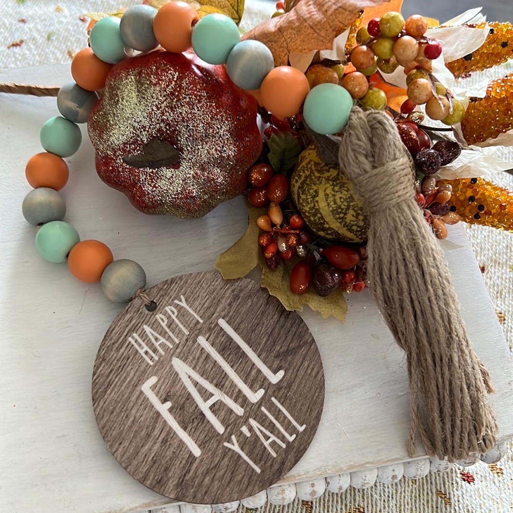 HAPPY FALL Y’ALL Wood Beaded Tiered Tray Fall Decor